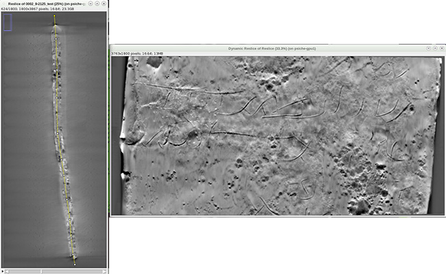 Figure 1 : une tablette de plomb enroulée, placée dans un tube sur la table de tomographie dans la cabane d’expériences de PSICHÉ (© SAVO, 2025).
